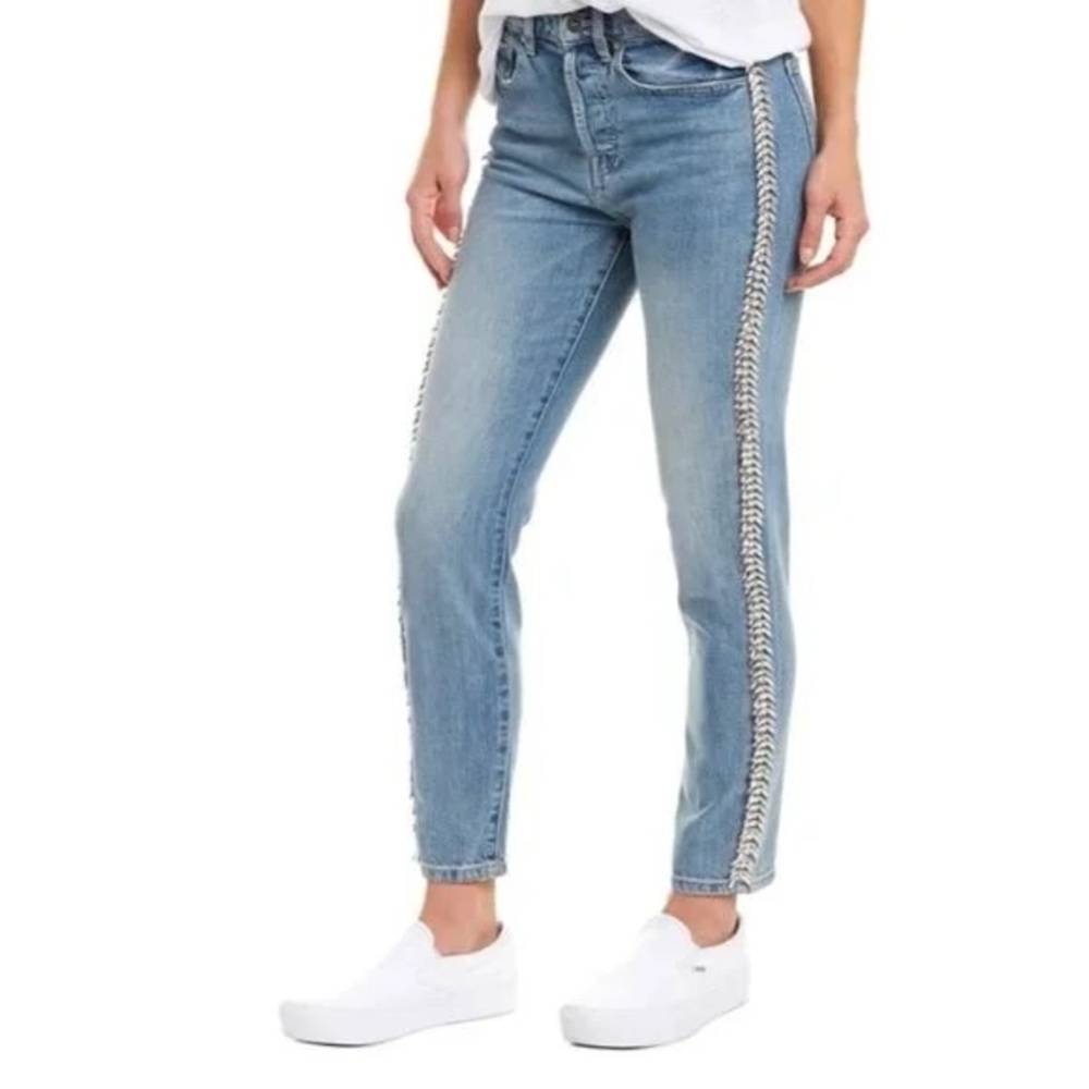 Straight leg pistola jeans with rhinestones down the pant leg